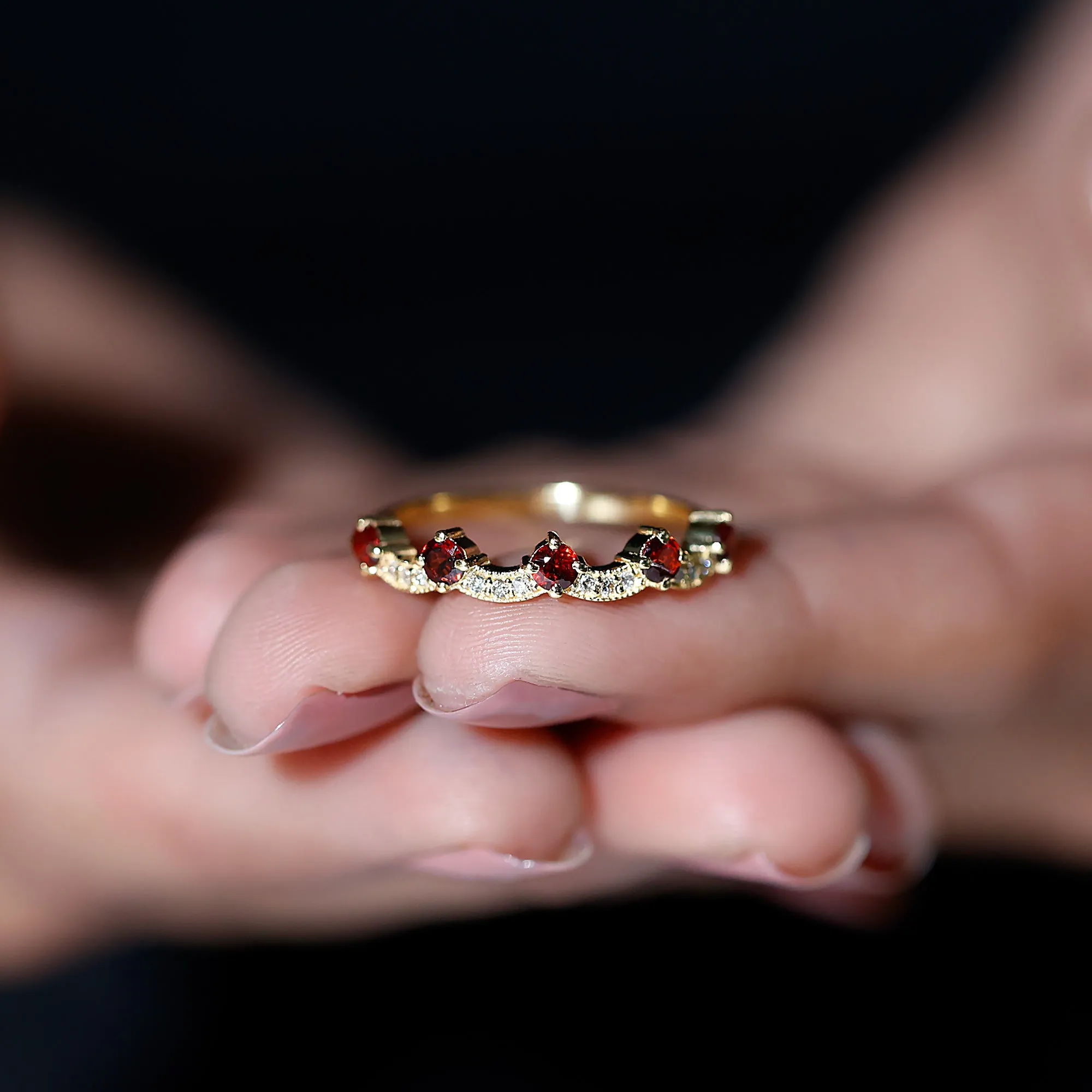 1 CT Garnet and Diamond Stackable Wave Ring