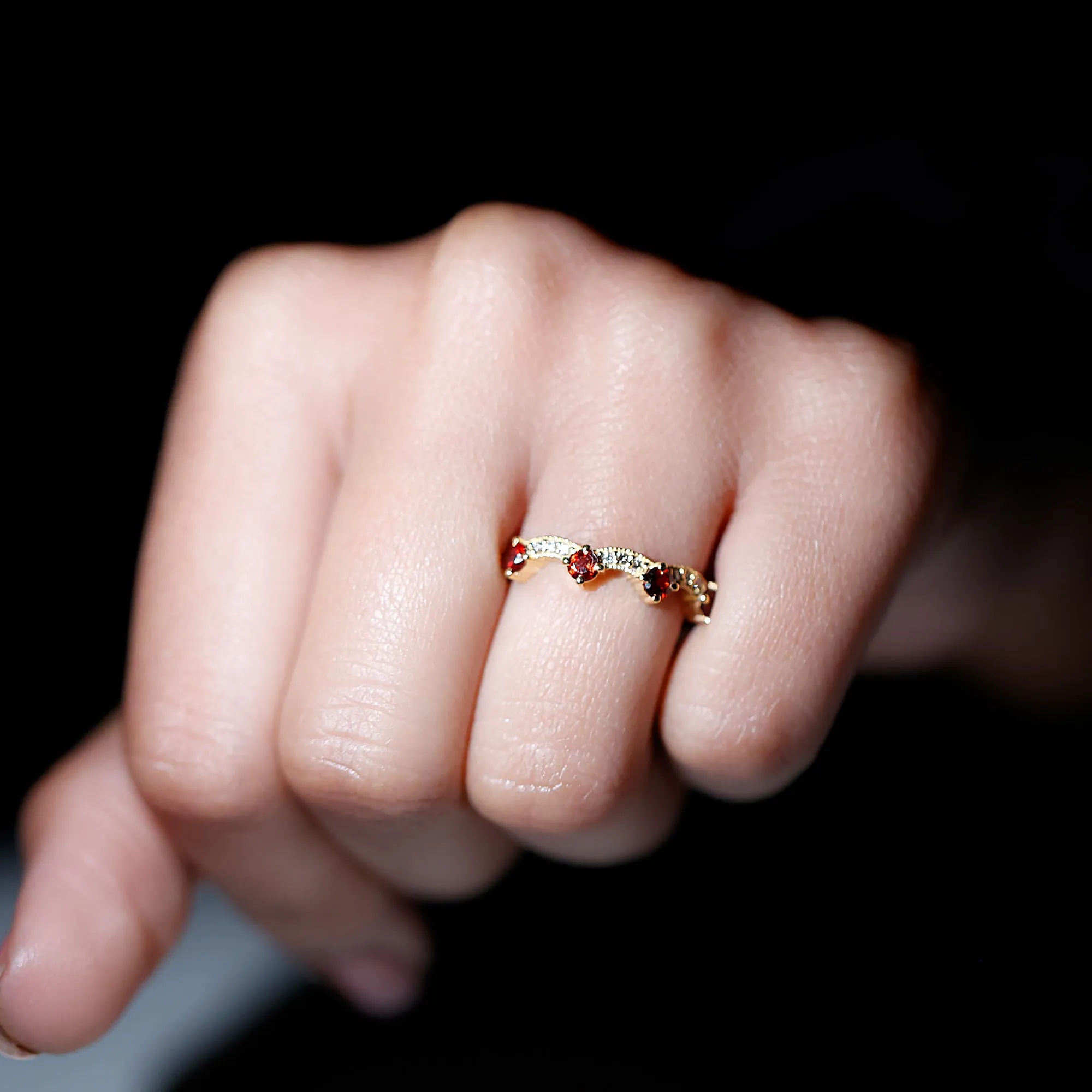 1 CT Garnet and Diamond Stackable Wave Ring
