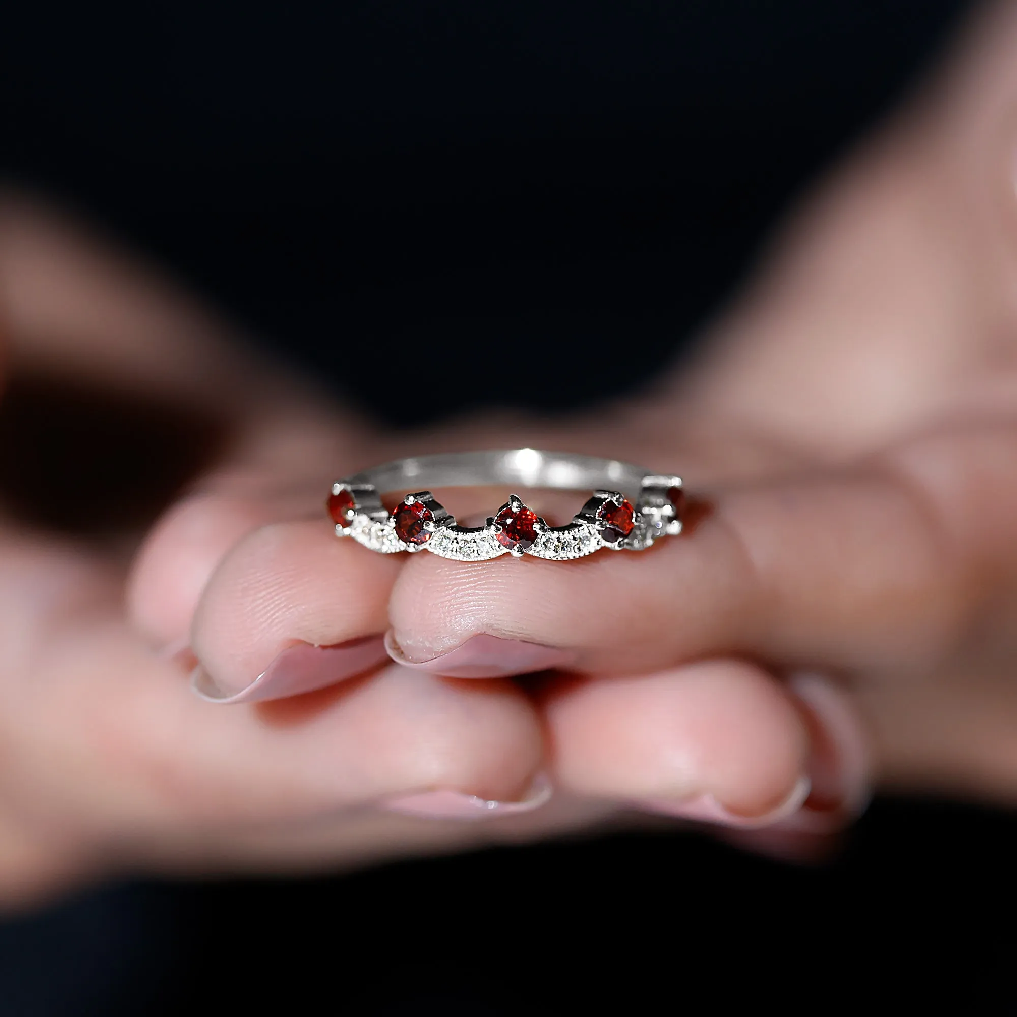 1 CT Garnet and Diamond Stackable Wave Ring