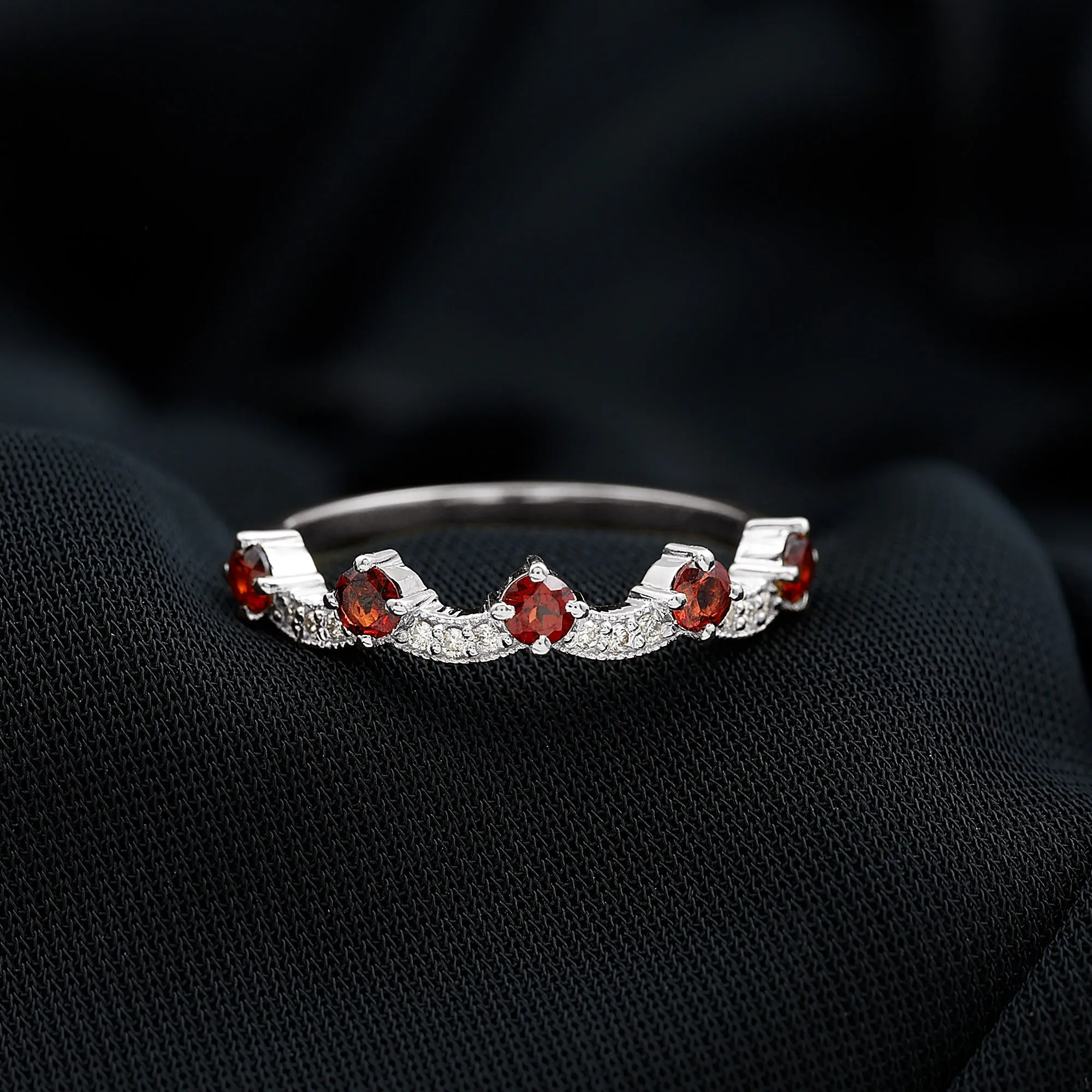 1 CT Garnet and Diamond Stackable Wave Ring
