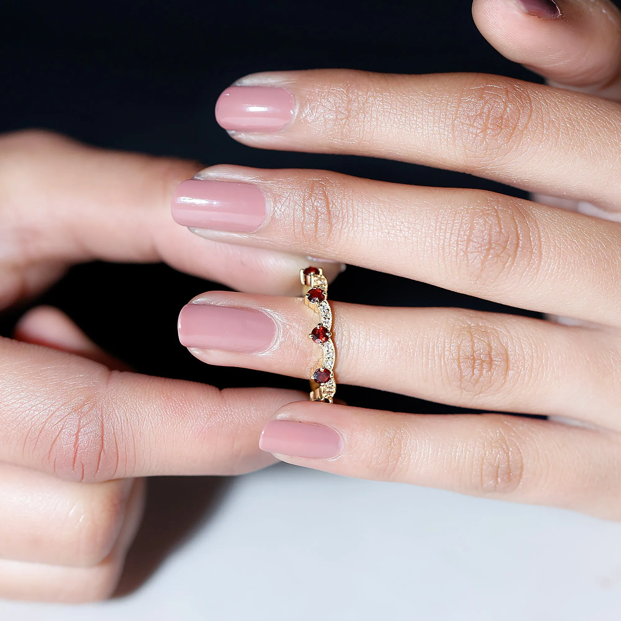 1 CT Garnet and Diamond Stackable Wave Ring