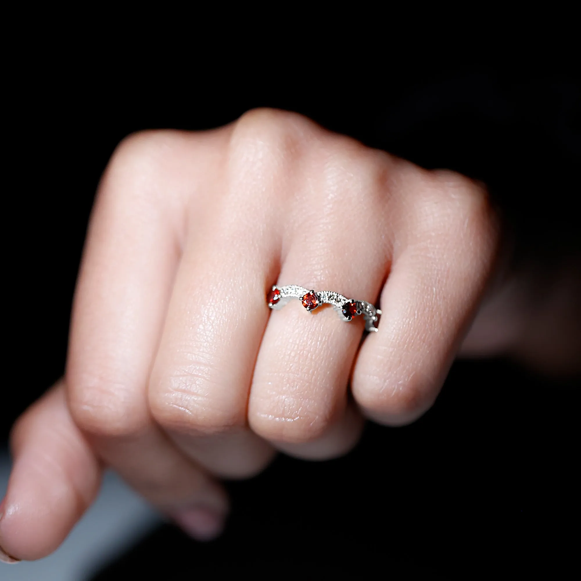 1 CT Garnet and Diamond Stackable Wave Ring