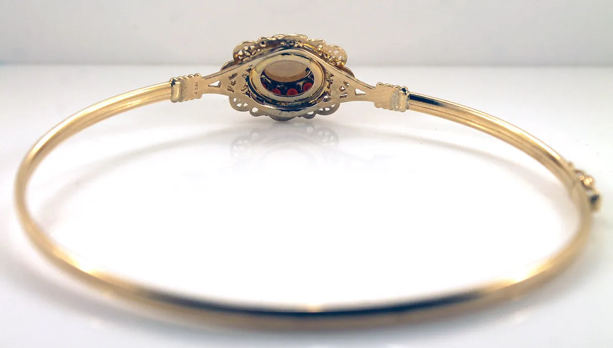 10K YELLOW GOLD OPAL & GARNET JEWELED BANGLE BRACELET VINTAGE ESTATE JEWELRY