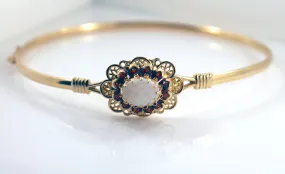10K YELLOW GOLD OPAL & GARNET JEWELED BANGLE BRACELET VINTAGE ESTATE JEWELRY