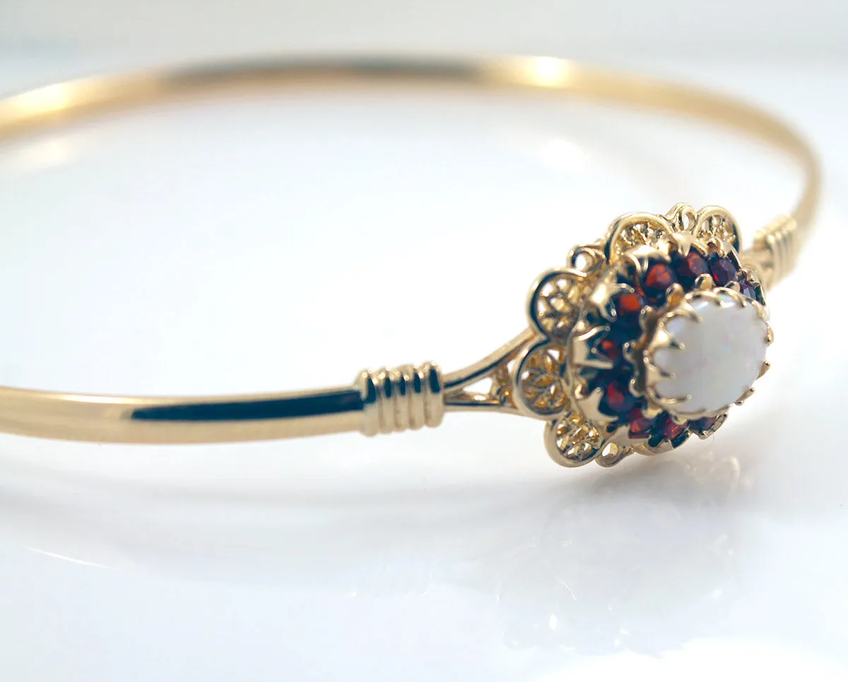 10K YELLOW GOLD OPAL & GARNET JEWELED BANGLE BRACELET VINTAGE ESTATE JEWELRY