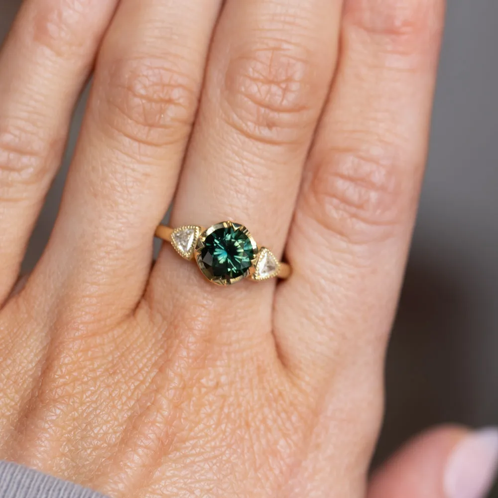 1.48ct Round Brilliant Green Australian Sapphire and Natural Trillion Diamond Antique Compass Set Low Profile Ring in 18k Yellow Gold