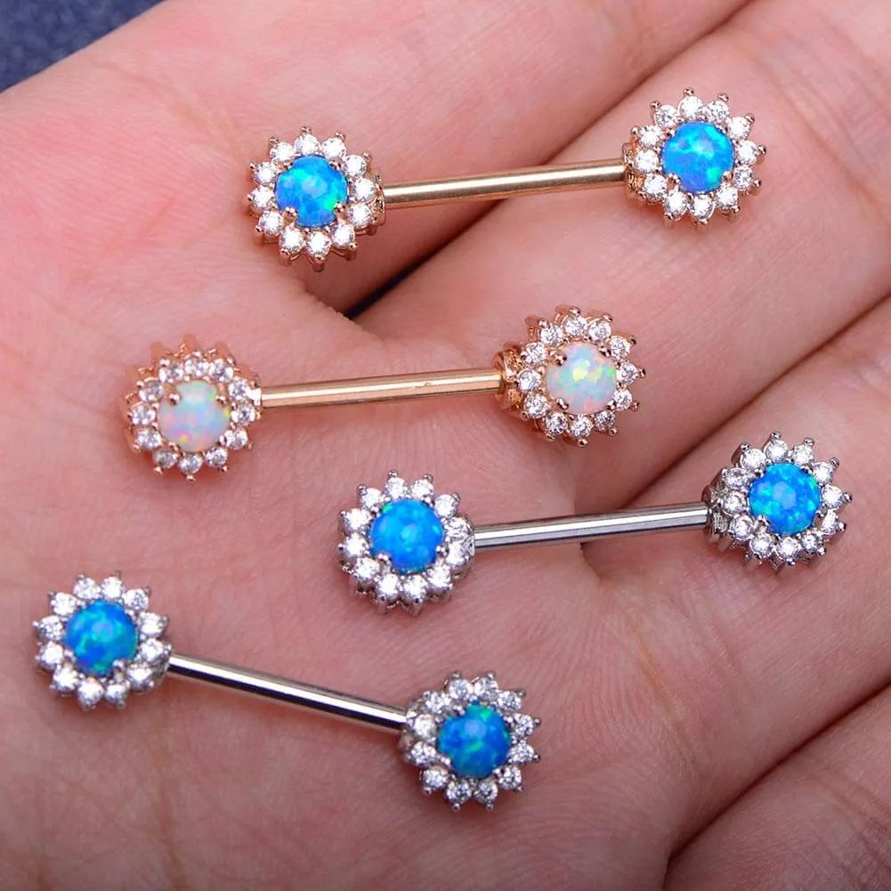 14G 316L Stainless Steel Barbell CZ Surrounded Opal Nipple Rings