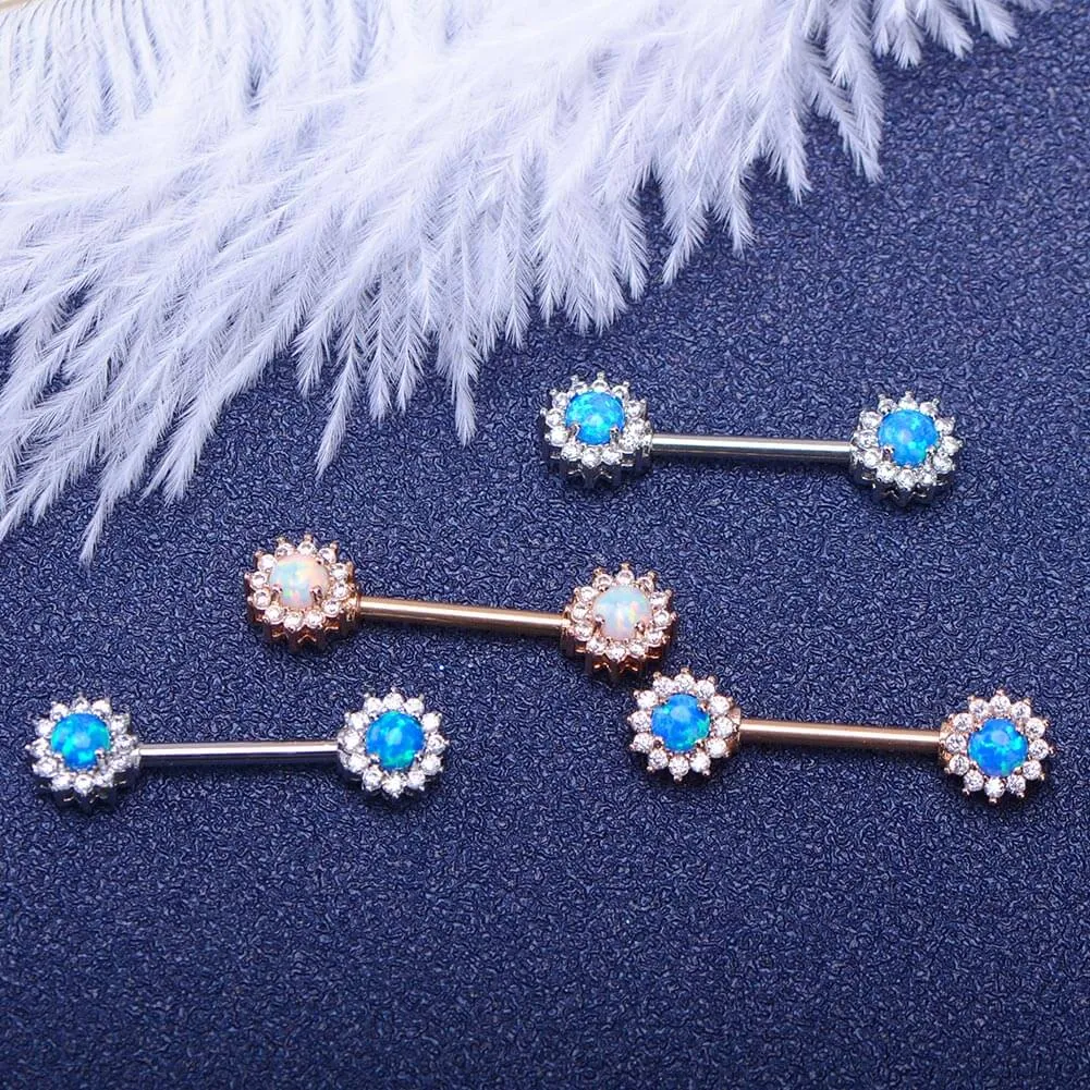 14G 316L Stainless Steel Barbell CZ Surrounded Opal Nipple Rings