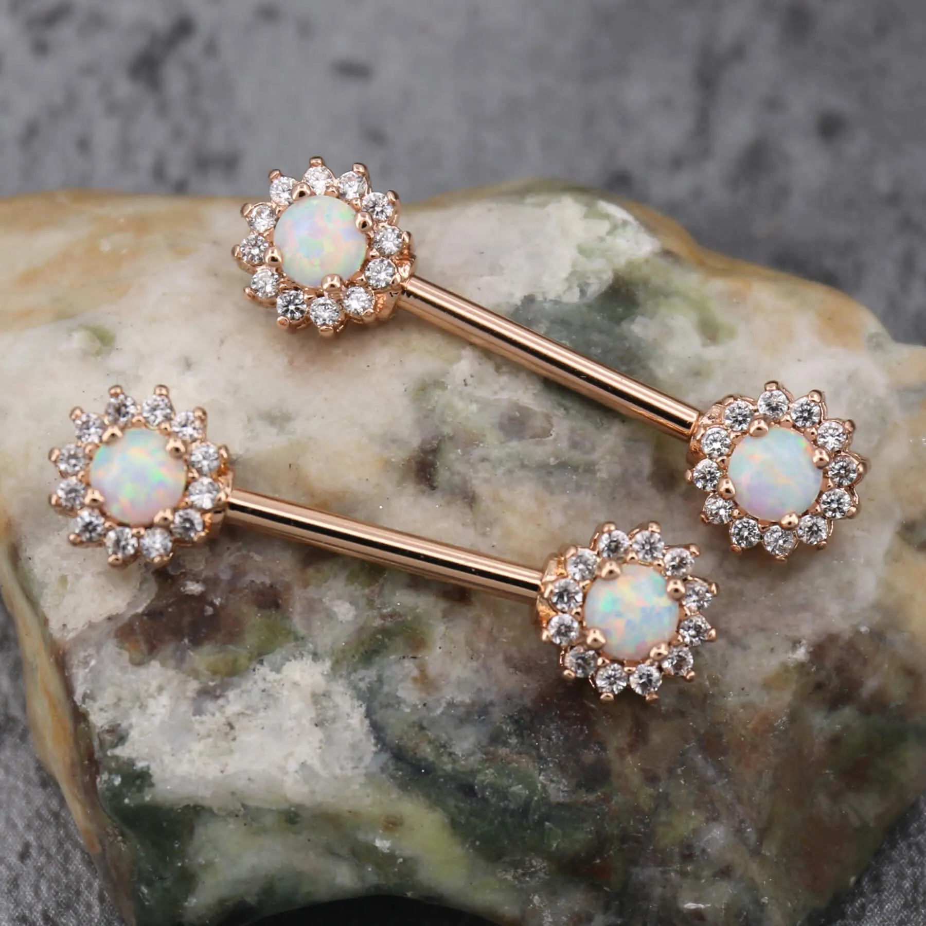 14G 316L Stainless Steel Barbell CZ Surrounded Opal Nipple Rings