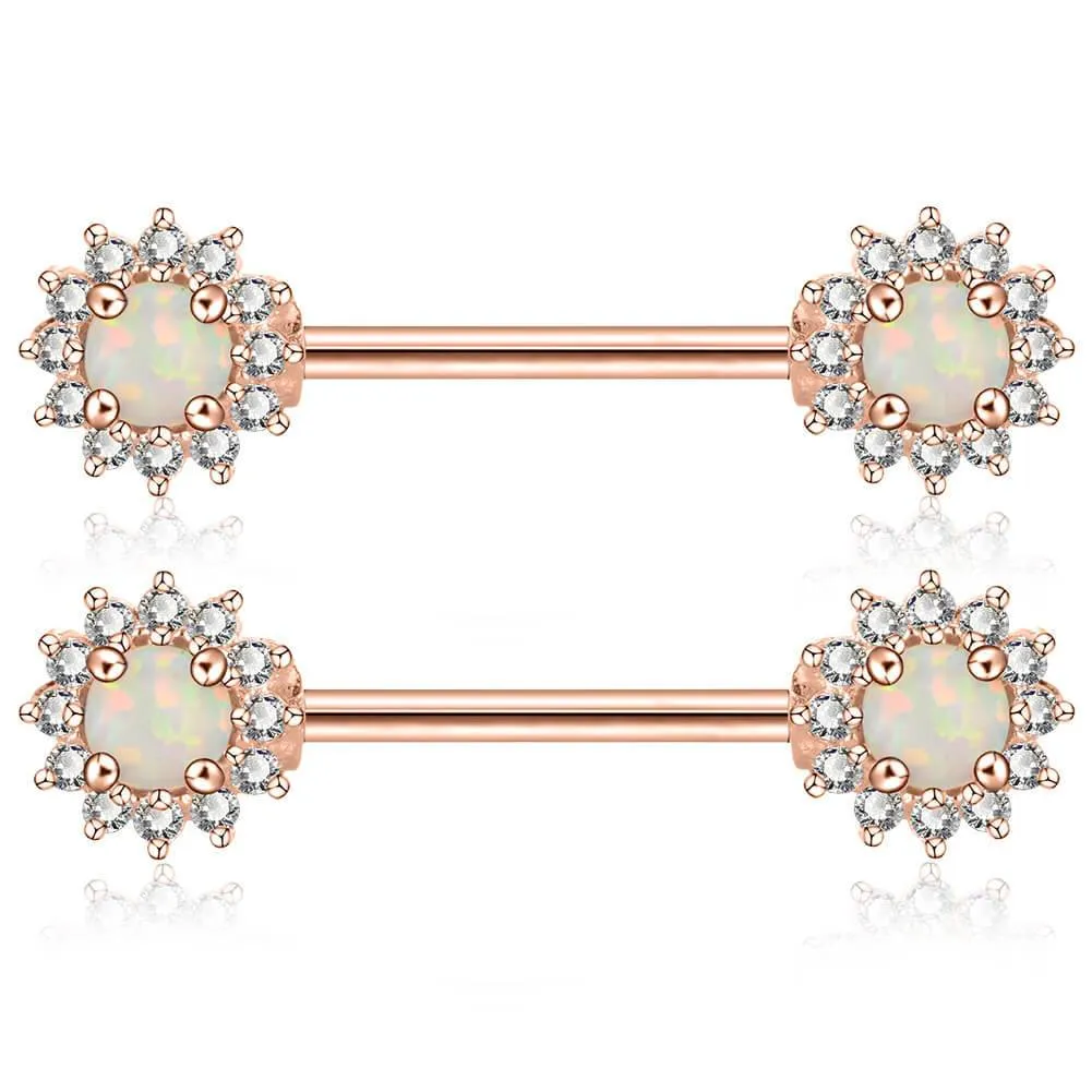 14G 316L Stainless Steel Barbell CZ Surrounded Opal Nipple Rings