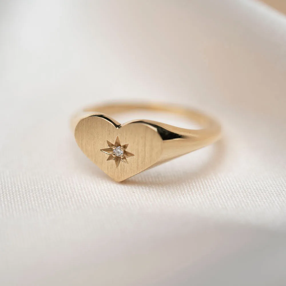 14k Diamond Heart Signet Ring