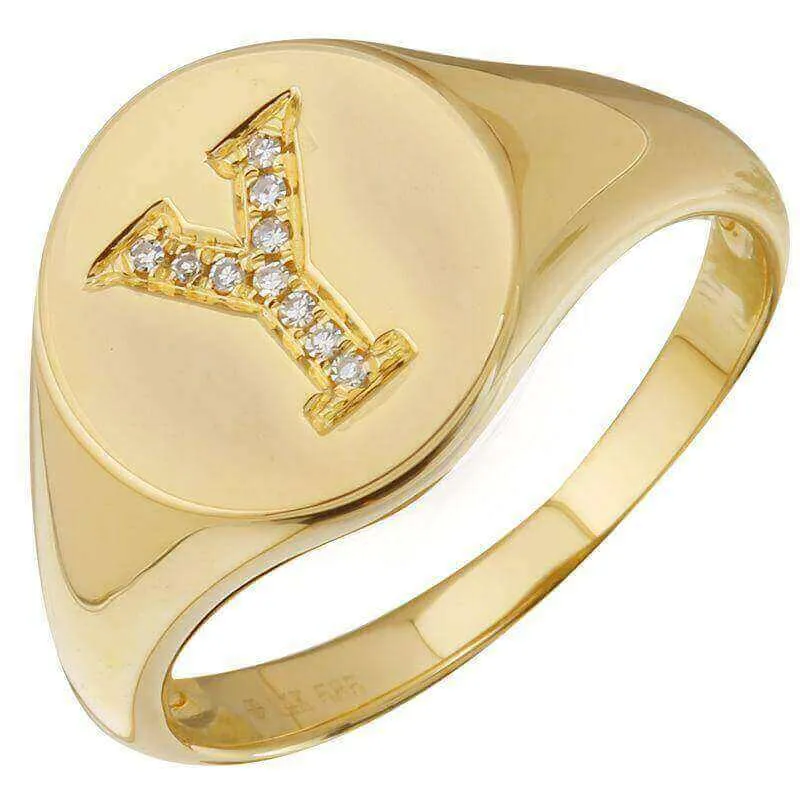 14K Gold Diamond Initial Signet Ring