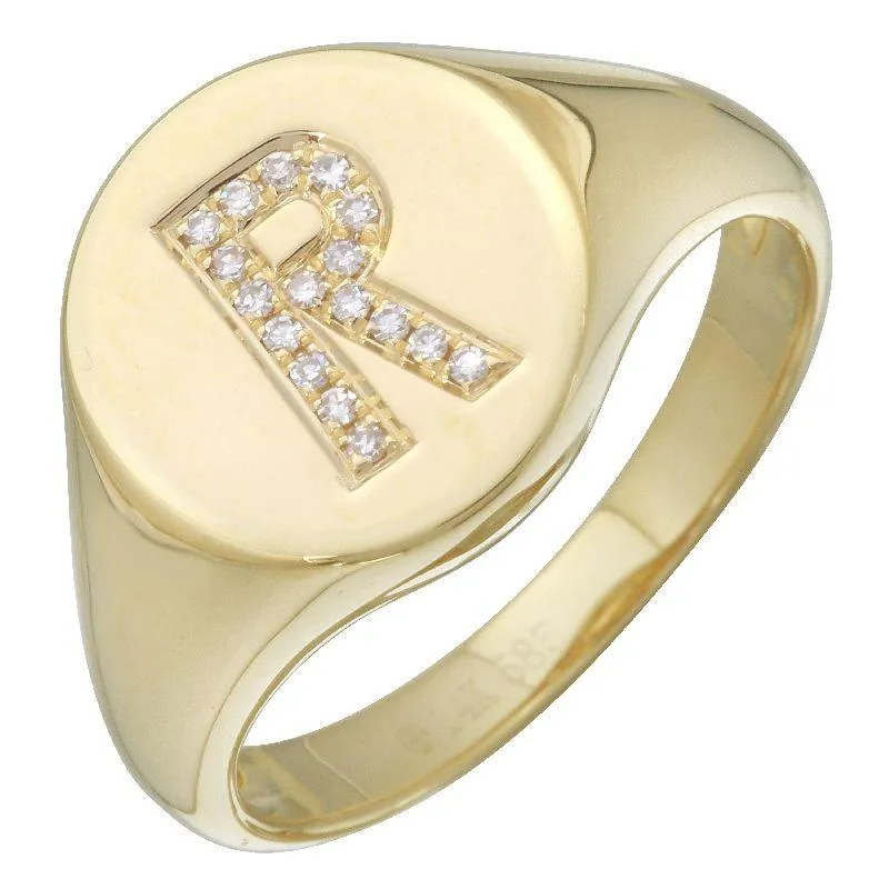 14K Gold Diamond Initial Signet Ring
