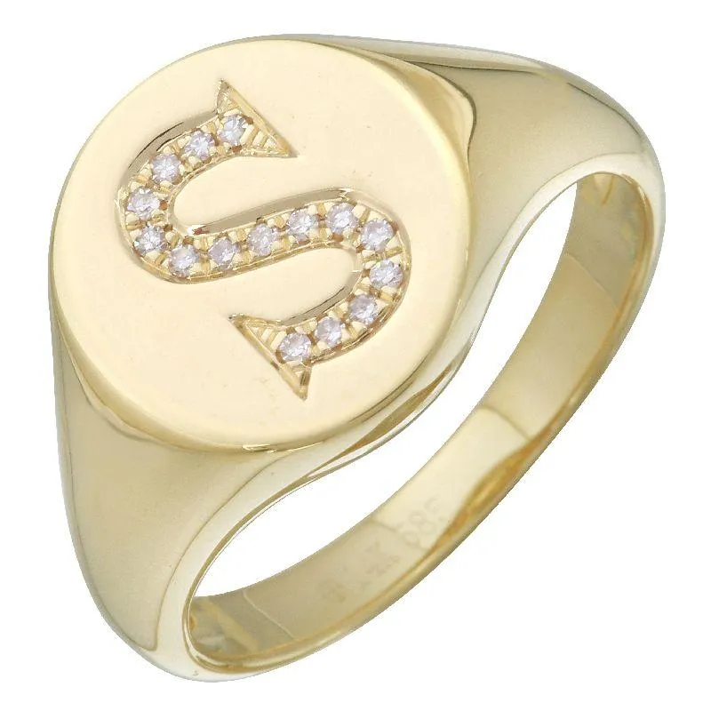 14K Gold Diamond Initial Signet Ring