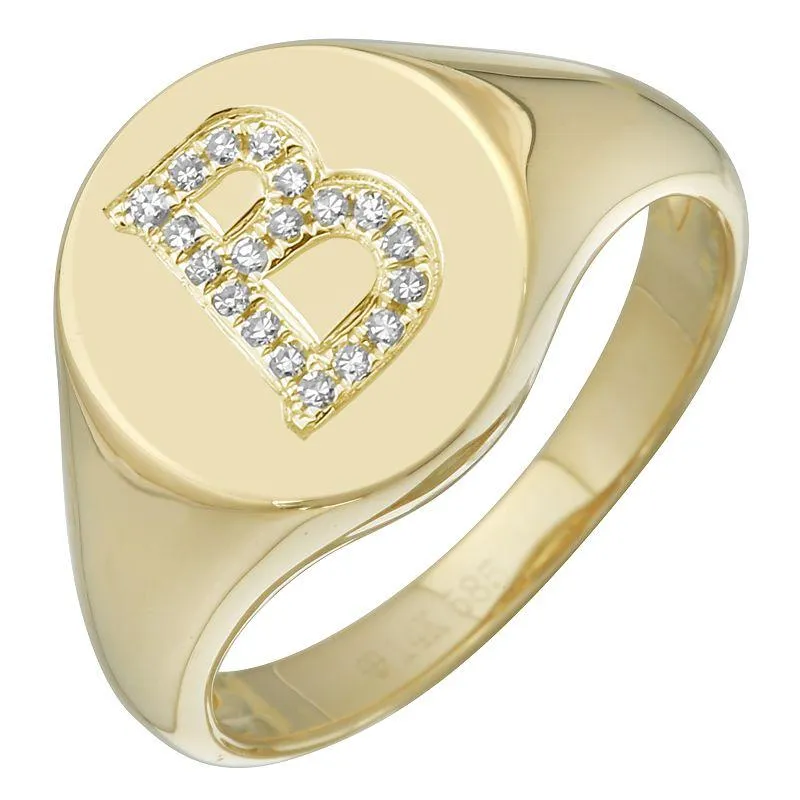 14K Gold Diamond Initial Signet Ring