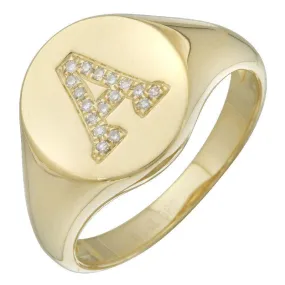 14K Gold Diamond Initial Signet Ring