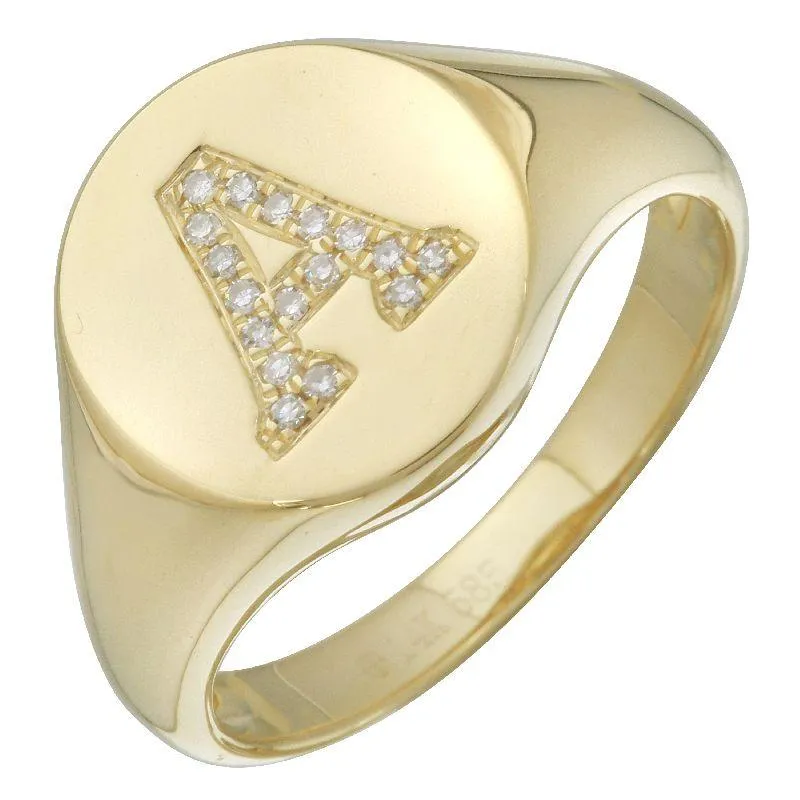 14K Gold Diamond Initial Signet Ring