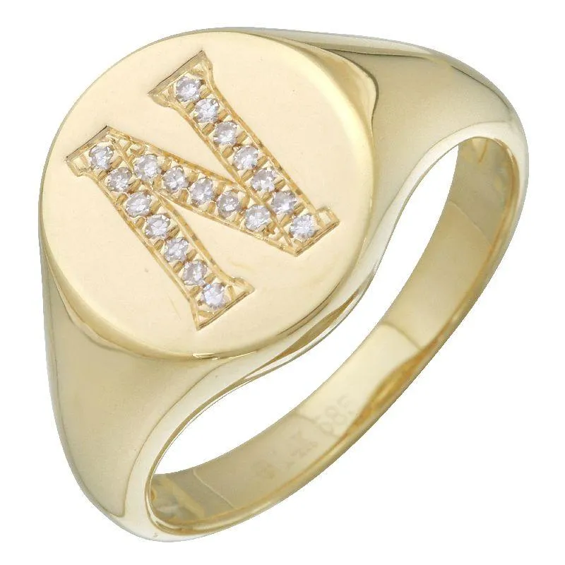 14K Gold Diamond Initial Signet Ring