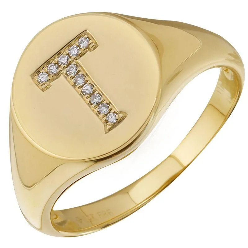 14K Gold Diamond Initial Signet Ring