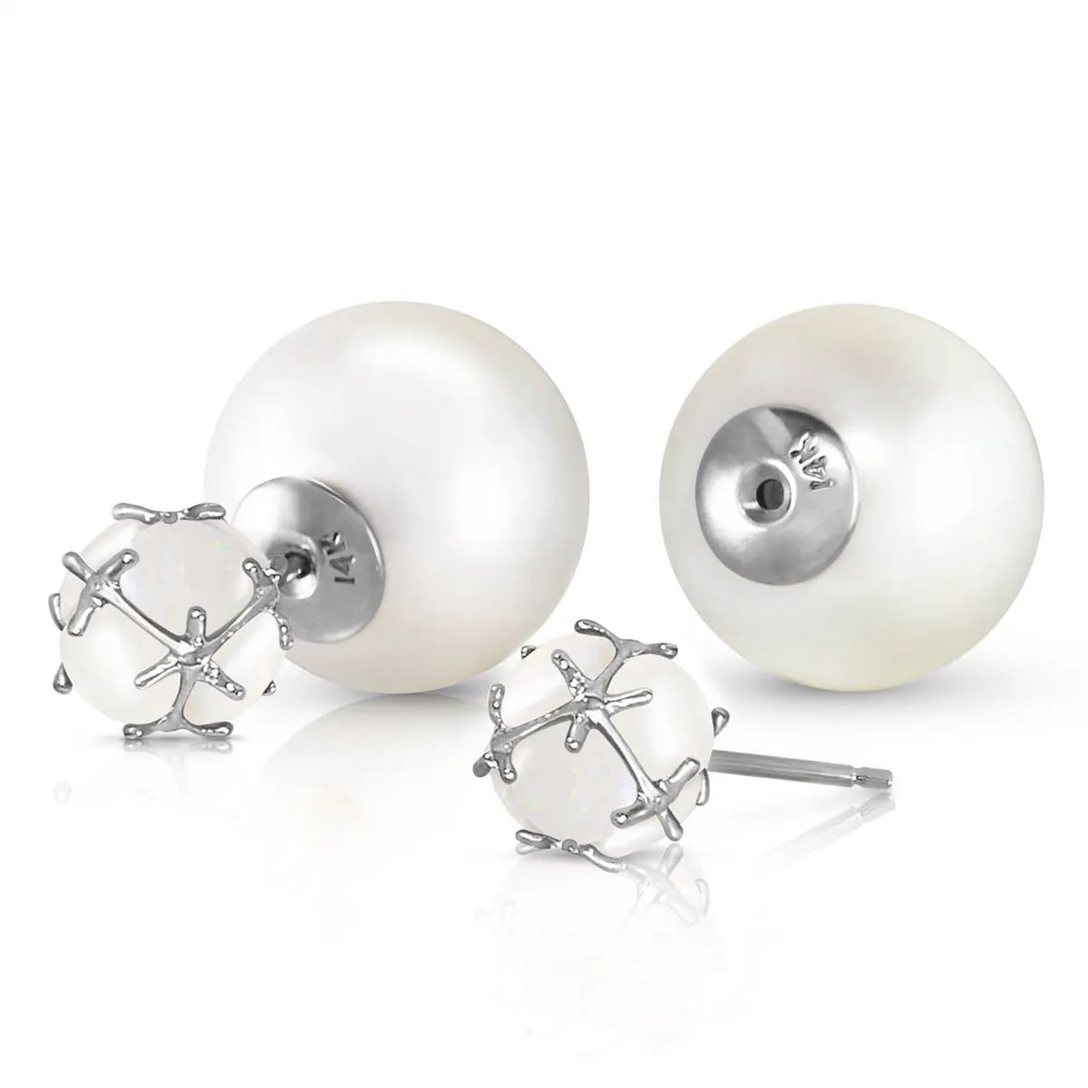 14K Solid White Gold Tribal Double Shell Pearls And Opals Stud Earrings