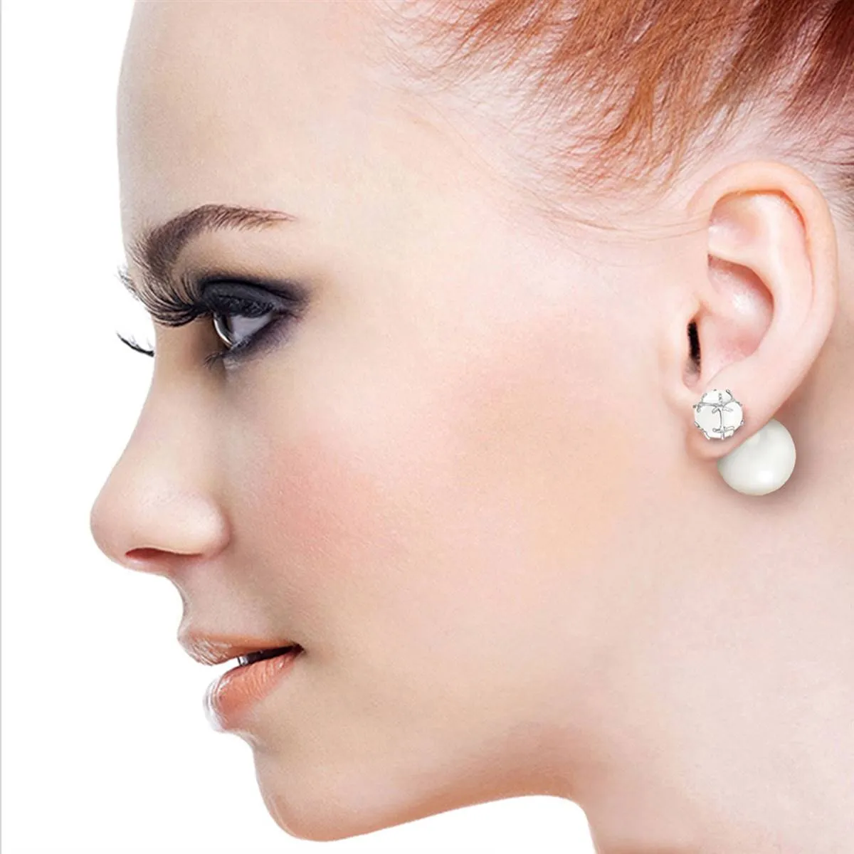 14K Solid White Gold Tribal Double Shell Pearls And Opals Stud Earrings