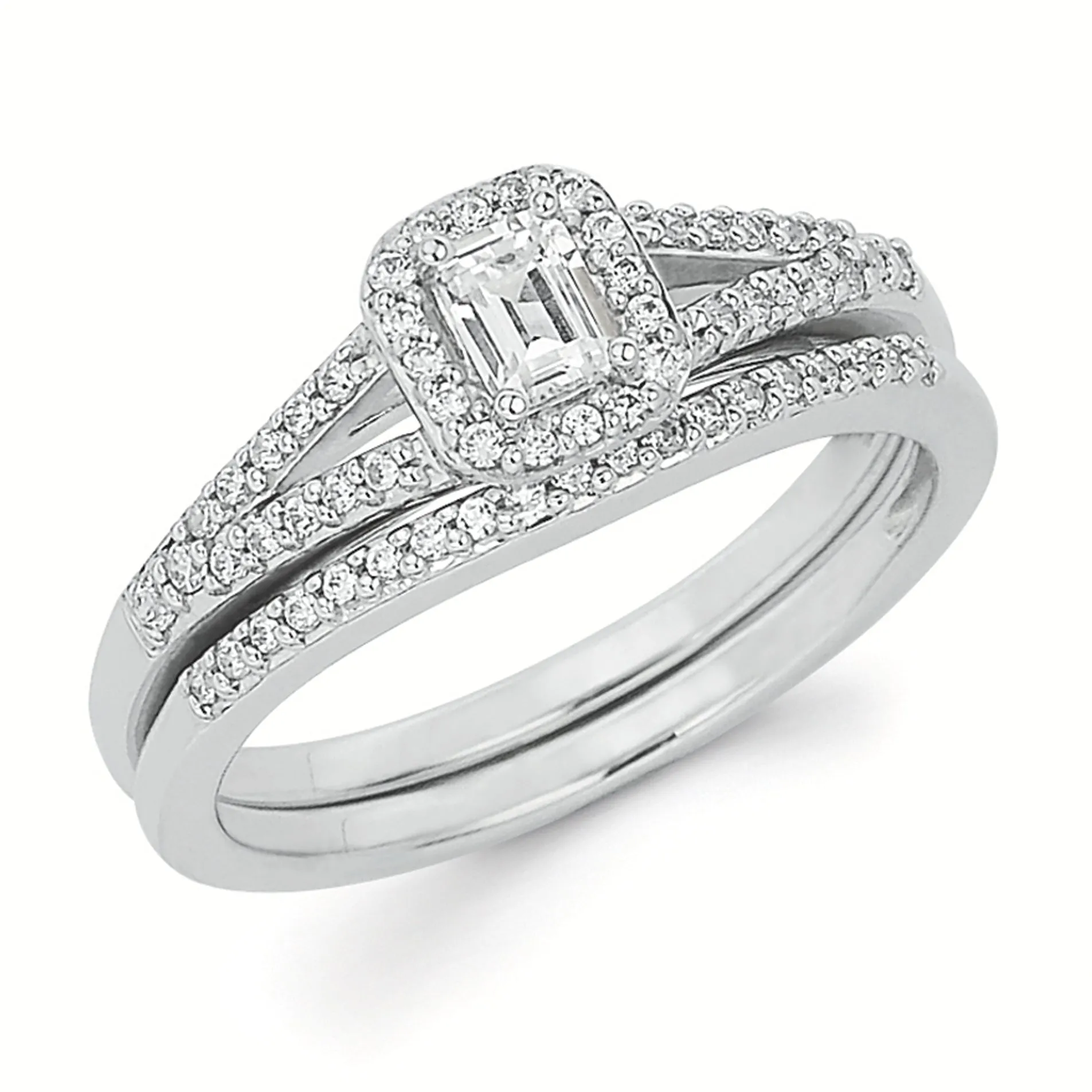14K White Gold Emerald Cut Center Engagment Ring with Split Shank