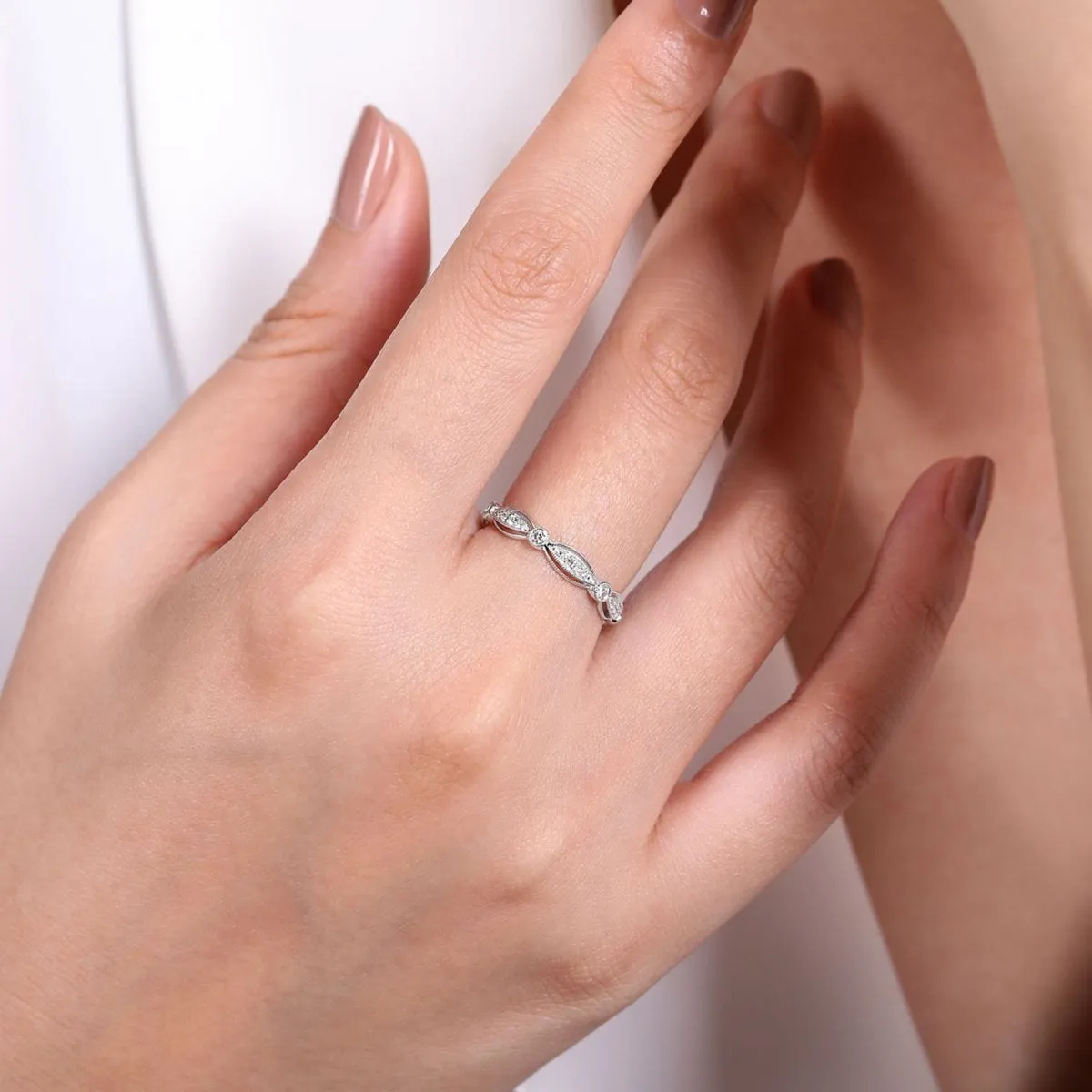 14K White Gold Scalloped Stackable Diamond Ring - LR6319W45JJ