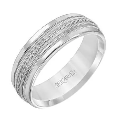 14k White Gold Wedding band with detailed engraved inlay, size 10