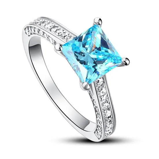 1.5 Carat Princess Fancy Blue Simulated Diamond 925 Sterling Silver Wedding Engagement Ring