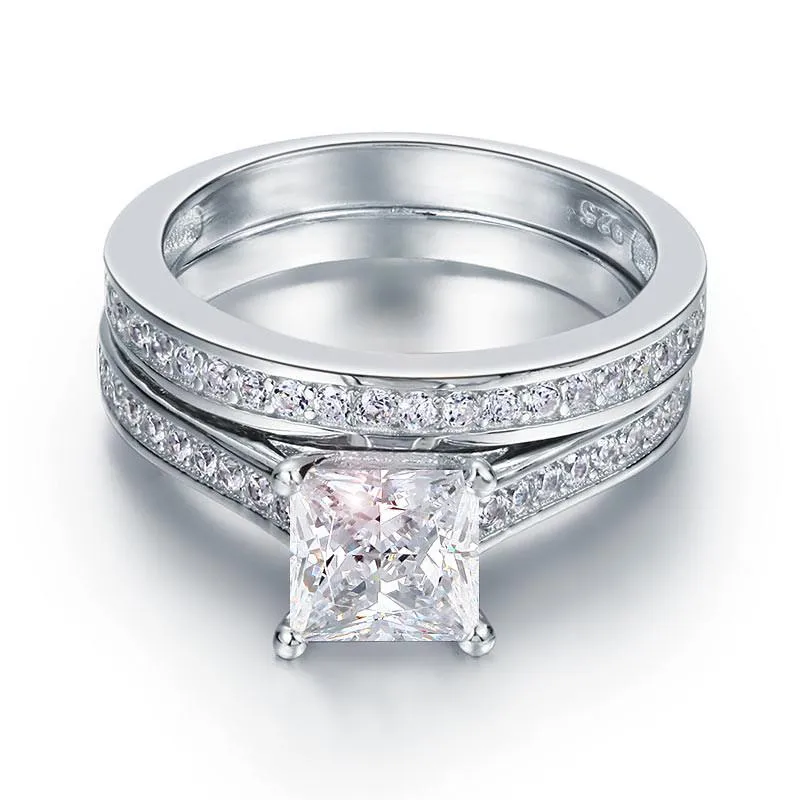 1.5 Carat Princess Simulated Diamond 925 Sterling Silver 2-Pcs Wedding Engagement Ring Set