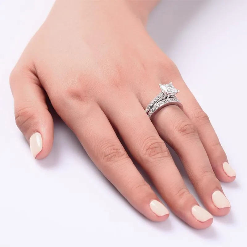 1.5 Carat Princess Simulated Diamond 925 Sterling Silver 2-Pcs Wedding Engagement Ring Set
