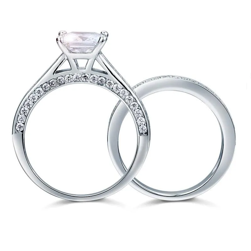 1.5 Carat Princess Simulated Diamond 925 Sterling Silver 2-Pcs Wedding Engagement Ring Set