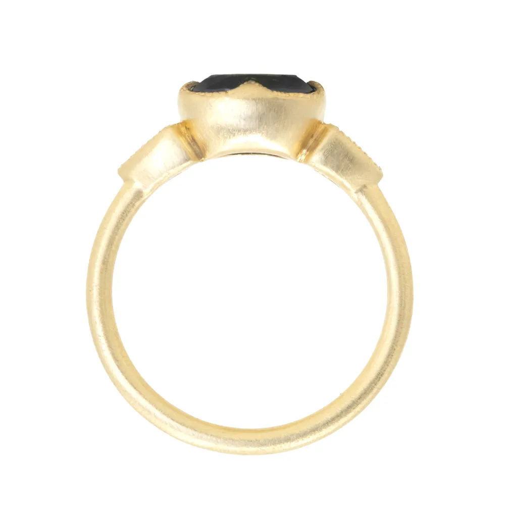 1.69ct Oval Nigerian Sapphire East-West and Trillion Diamond Three Stone Antique Milgrain Low Profile Ring in 18k Yellow Gold
