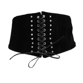 17cm Black Very Wide Elasticated Suede Waist Lace Up Corset Belt with Conical Studs