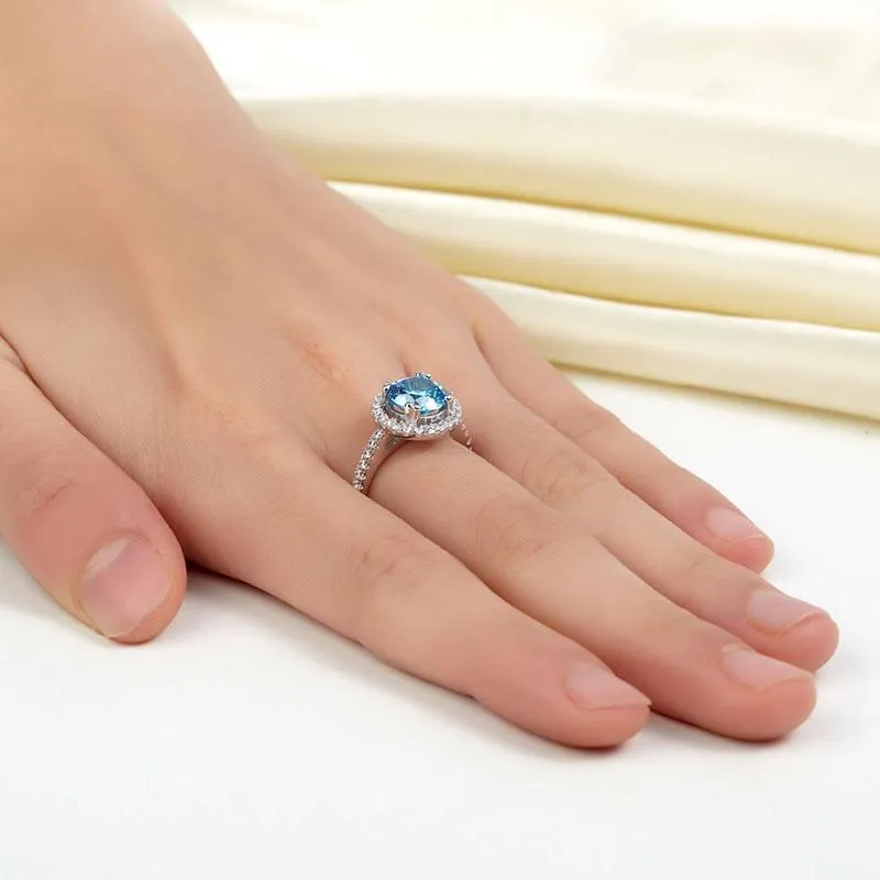925 Sterling Silver Wedding Engagement Halo Ring 2 Carat Fancy Blue Simulated Diamond