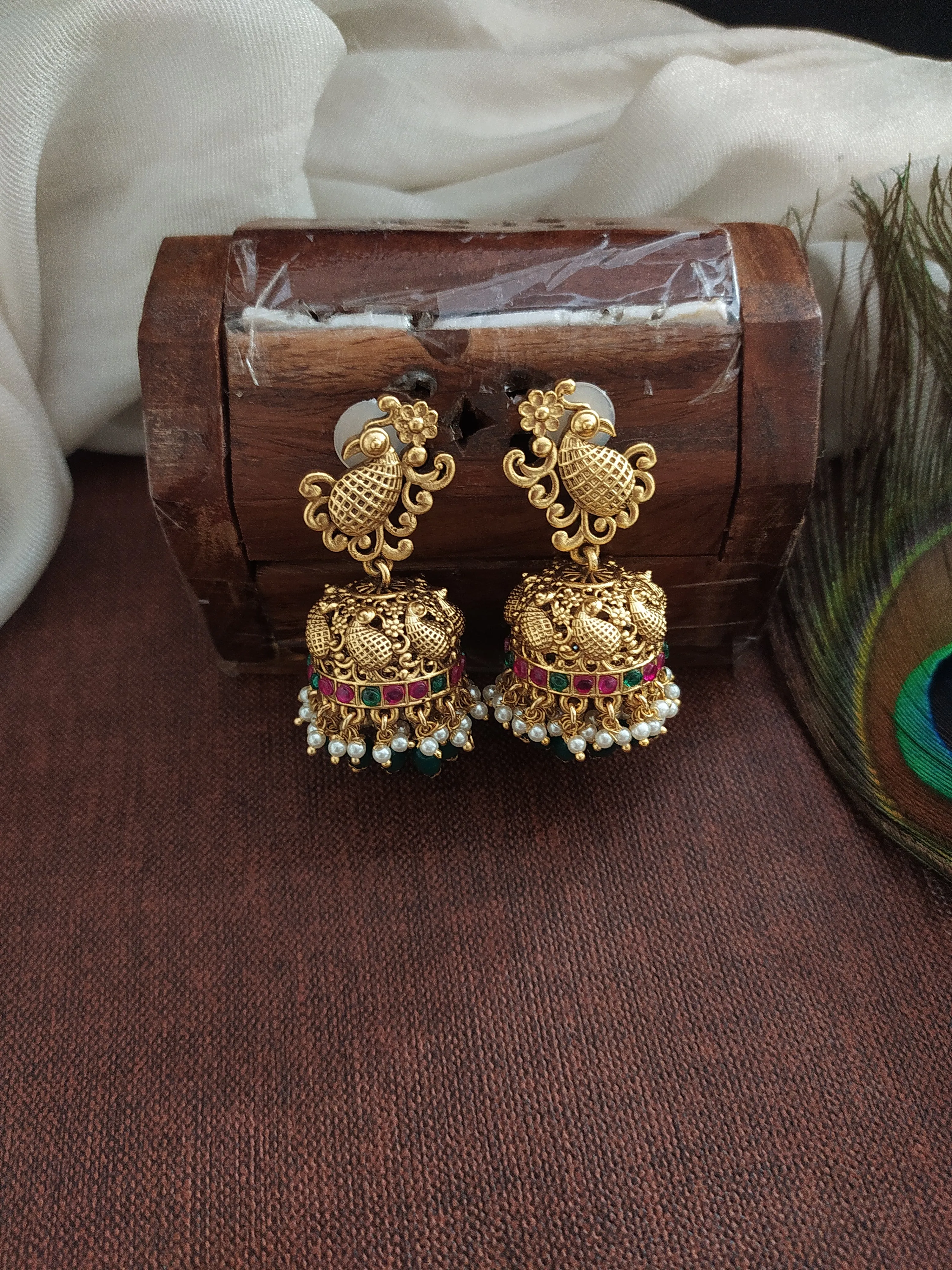 Antique Peacock Design Traditional Necklace Set With Drops