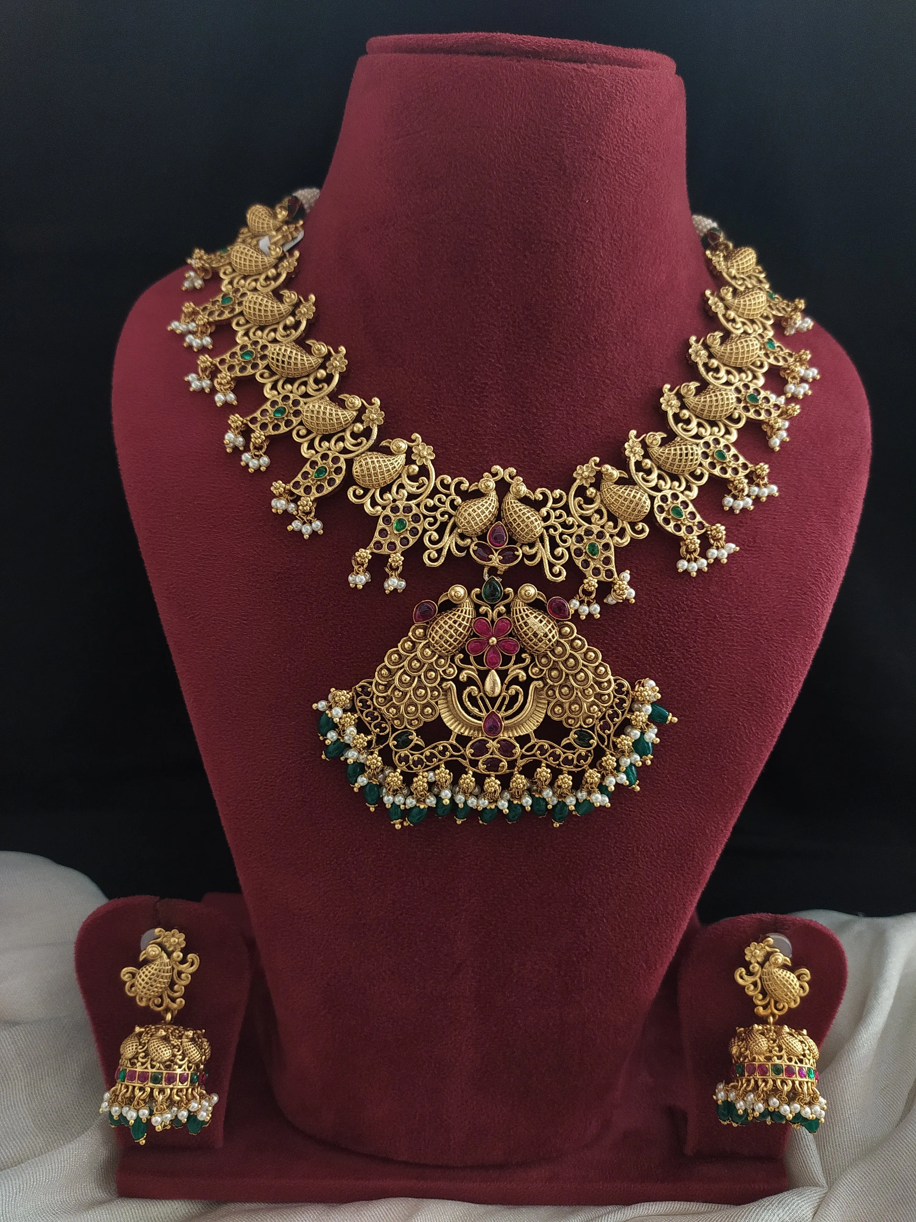 Antique Peacock Design Traditional Necklace Set With Drops
