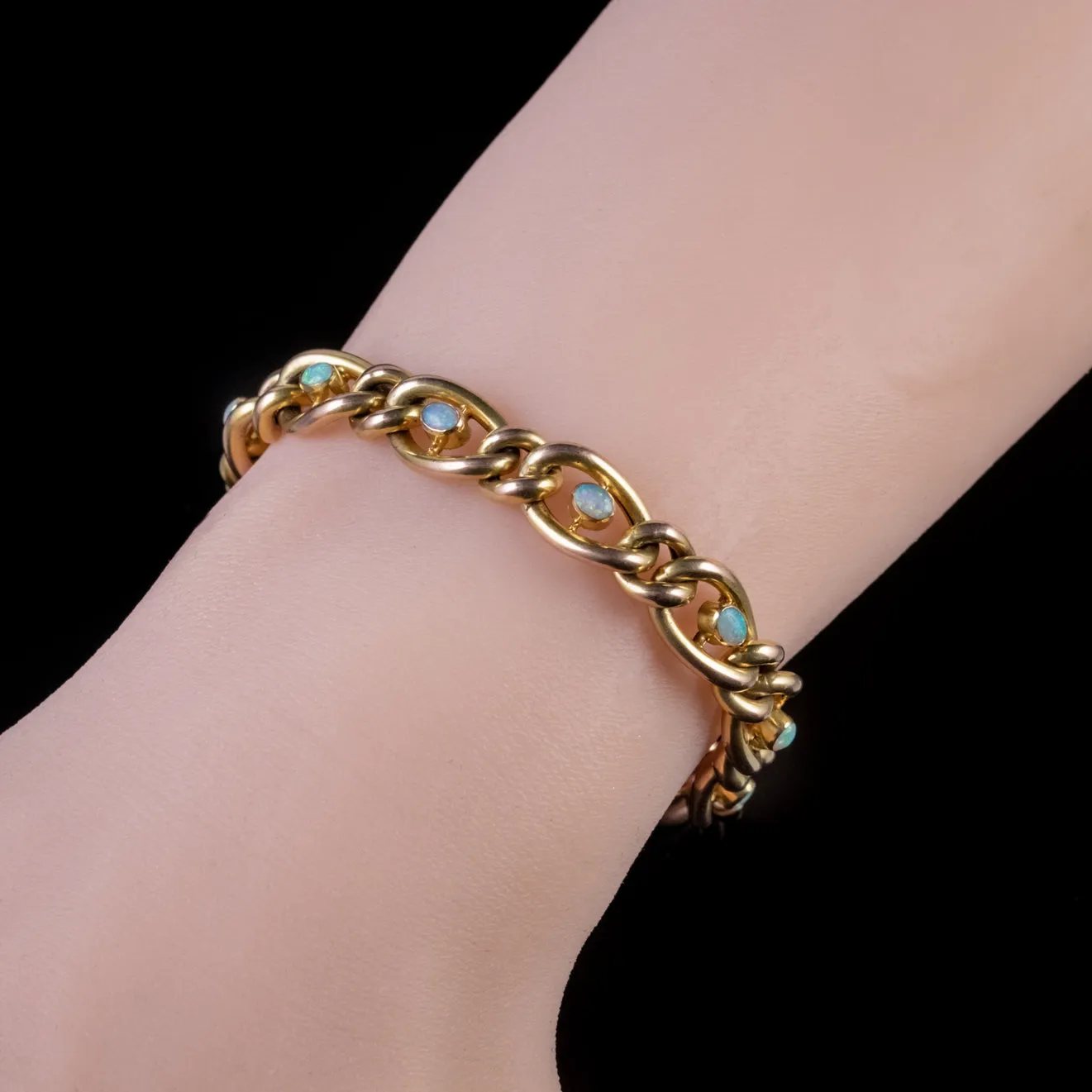Antique Victorian Opal Curb Bracelet 9Ct Gold Heart Padlock Circa 1900