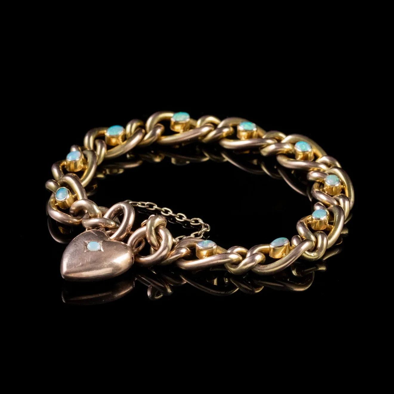 Antique Victorian Opal Curb Bracelet 9Ct Gold Heart Padlock Circa 1900