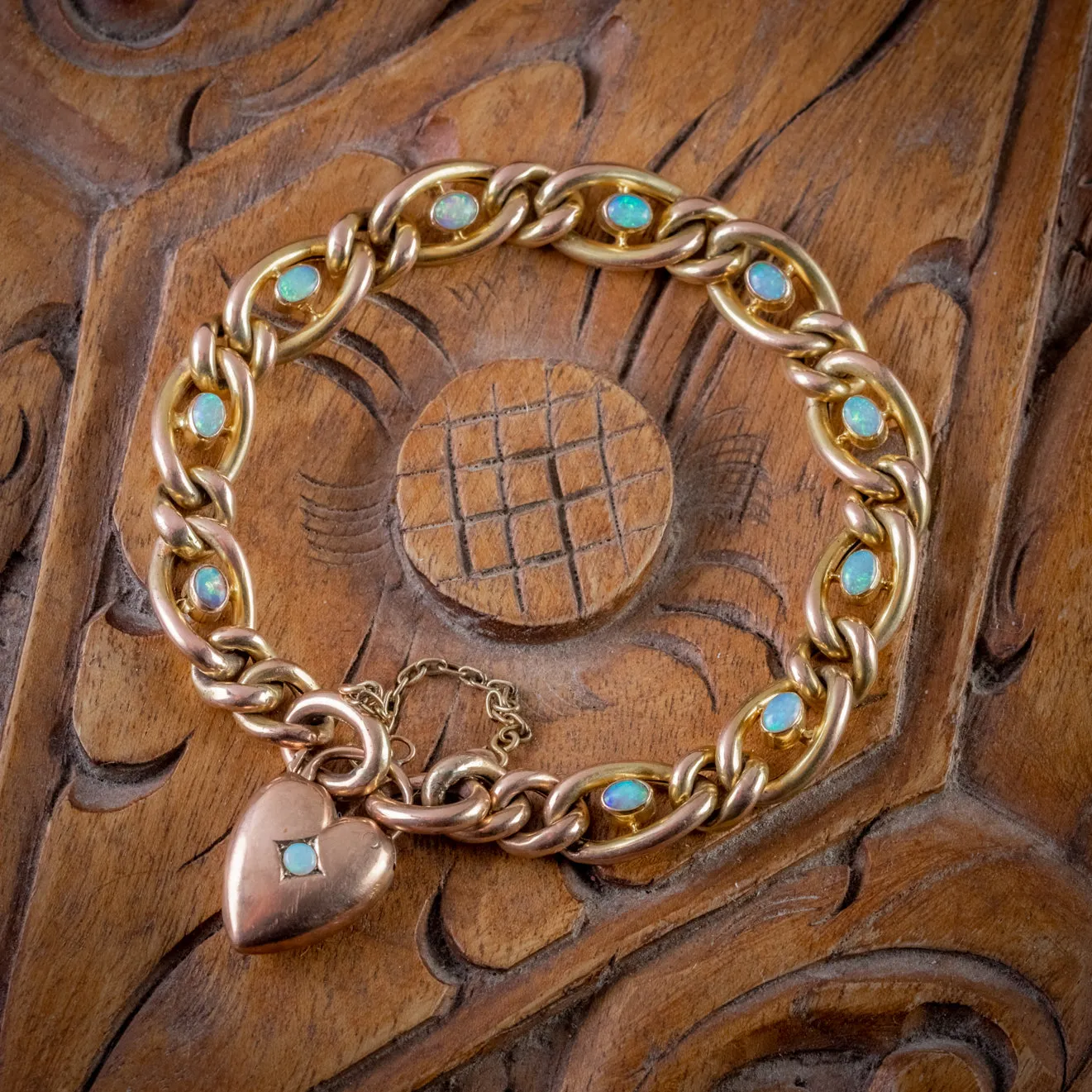 Antique Victorian Opal Curb Bracelet 9Ct Gold Heart Padlock Circa 1900