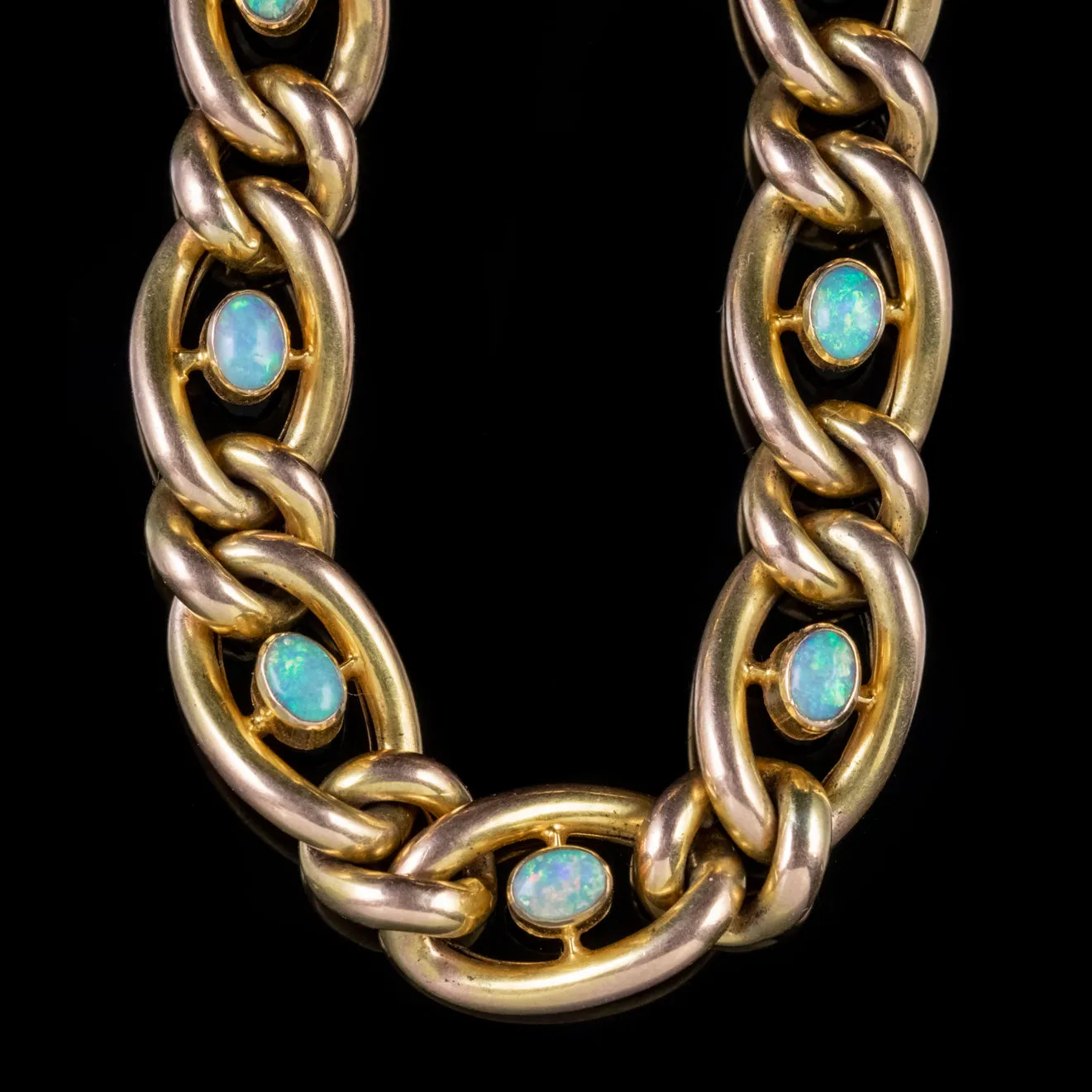 Antique Victorian Opal Curb Bracelet 9Ct Gold Heart Padlock Circa 1900