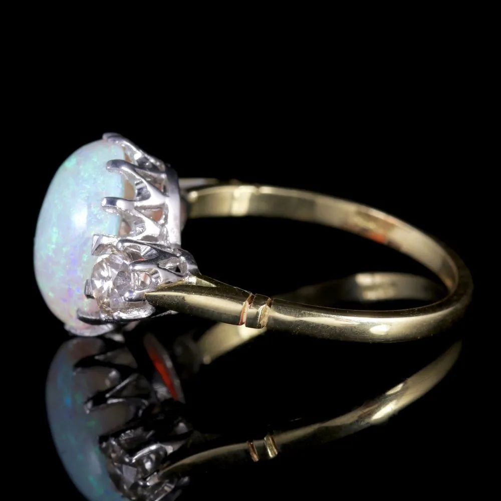 Antique Victorian Opal Diamond Ring 15Ct Gold Natural Opal Circa 1900