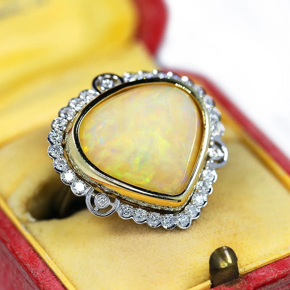 Australian Opal & Diamond Heart Ring Two Tone Gold 14.41ctw