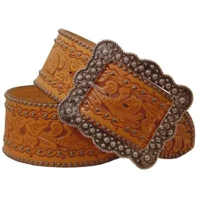 B357 - Natural Leather Floral Tooled Belt
