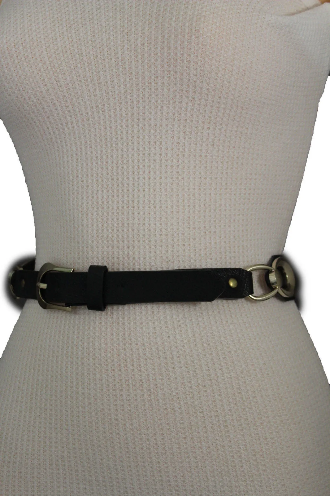 Black Beads Elastic Band Belt Gold Metal Circle Buckle S M