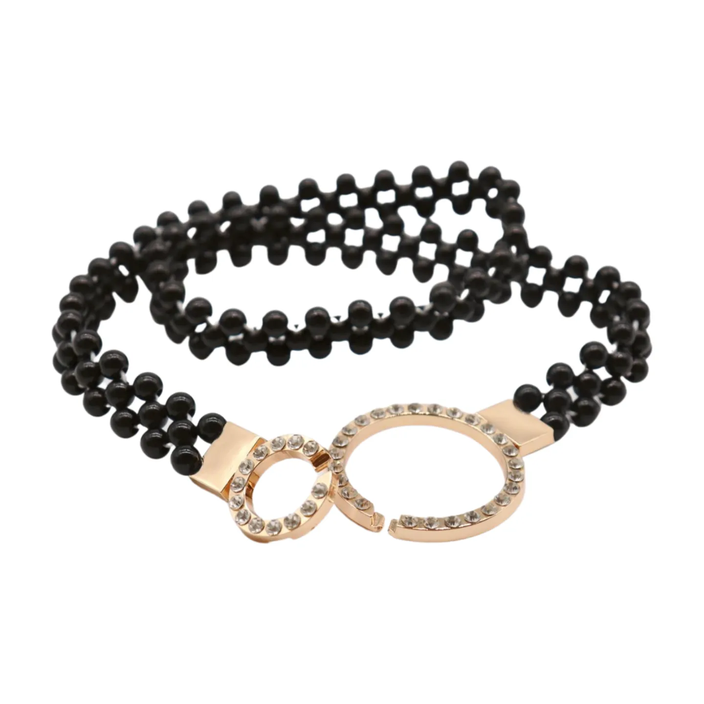 Black Beads Elastic Band Belt Gold Metal Circle Buckle S M
