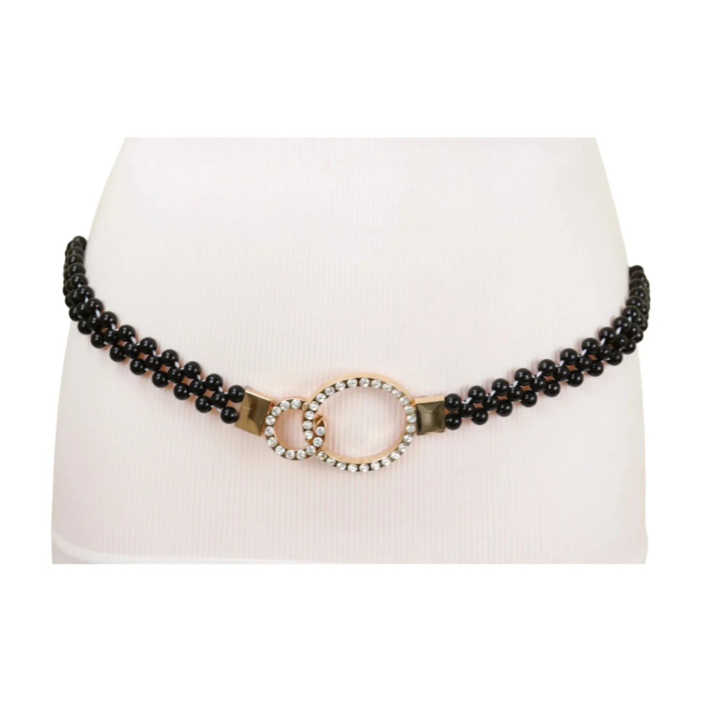 Black Beads Elastic Band Belt Gold Metal Circle Buckle S M