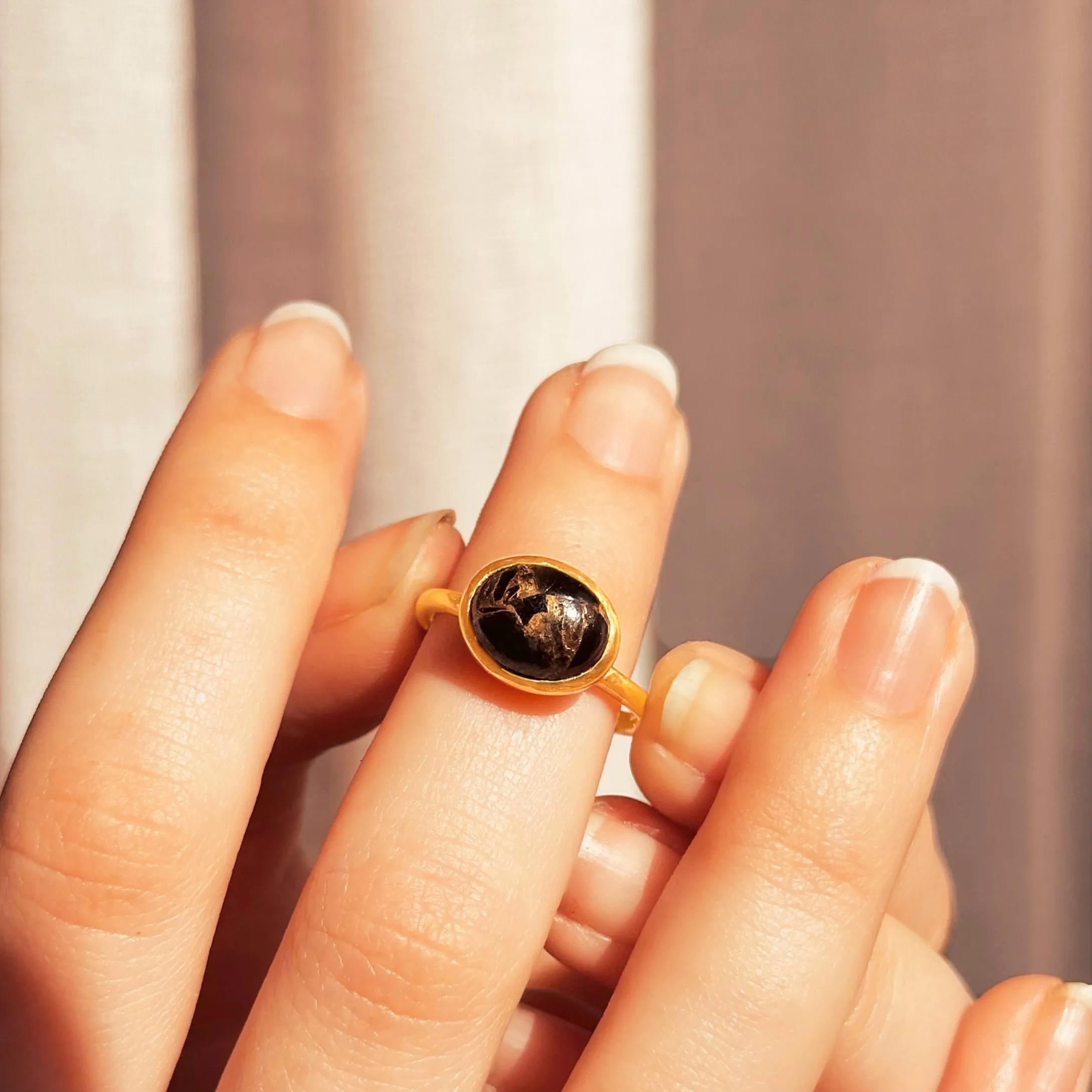 Black Copper Obsidian Cabochon Oval Ring