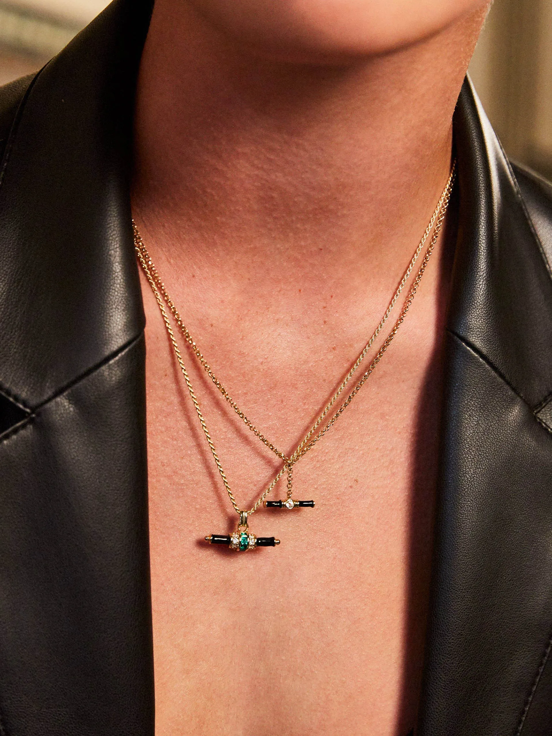 Black enamel small Bridget t-bar necklace with white topaz