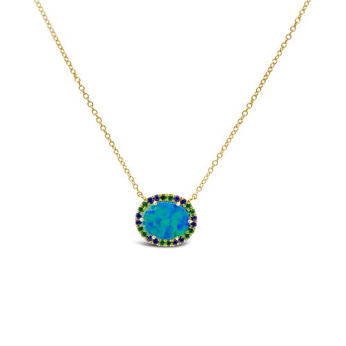 Black Opal Doublet with Sapphires and Tsavorites Pendant